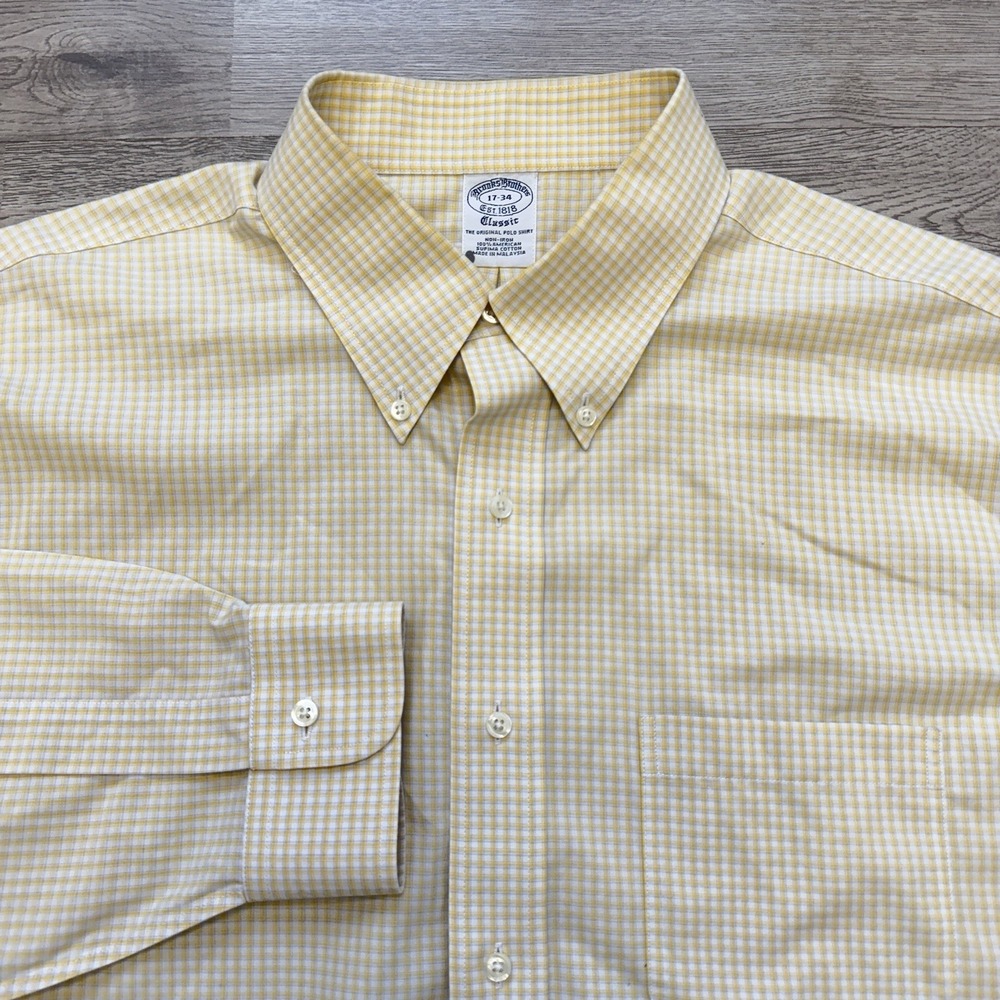 Brooks Brothers Classic Dress Shirt Mens 17 34 Yellow Check Non Iron Button Down